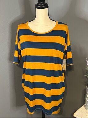 LuLaRoe Striped Scoop-Neck Short Sleeve Tee in Mustard and Navy